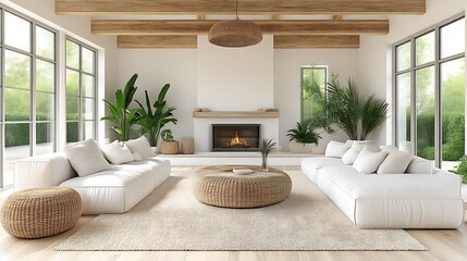 Obraz premium Modern Minimalist Living Room With Fireplace and Natural Decor
