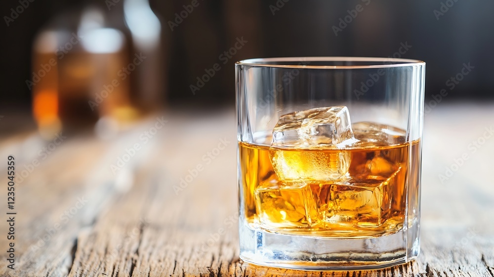 Poster elegant glass of whiskey with ice on rustic wooden table surface : generative ai