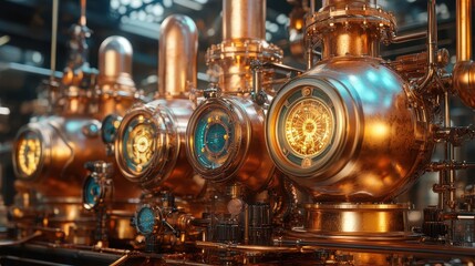 Fototapeta premium Close-up of intricate steampunk machinery with glowing gauges and pipes.
