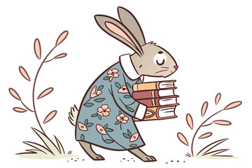 Anthropomorphic rabbit, watercolor illustration, holding stack of books, wearing blue floral robe, large ears, detailed fur texture, whimsical children's book style, soft pastel colors, white backgrou