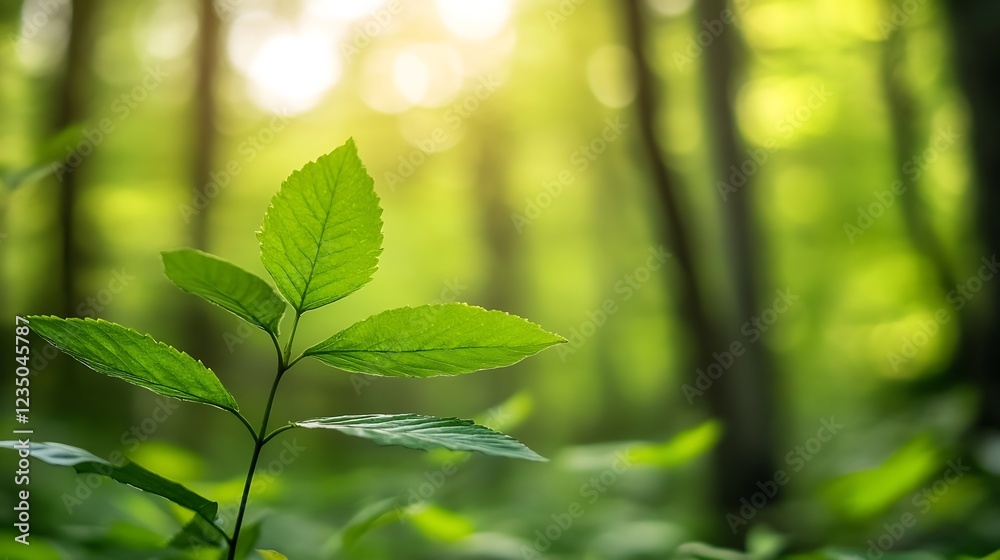 Poster lush green leaf in sunlit forest bokeh background nature serenity : generative ai