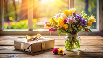 A bouquet of vibrant flowers in a glass vase, adorned with a golden ribbon, sits on a rustic wooden table, bathed in warm sunlight streaming through a window