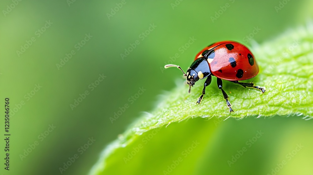 Poster Ladybug Crawling on a Leaf Edge with Green Blurred Background : Generative AI