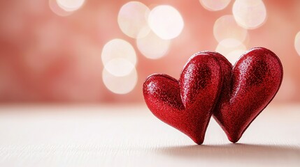 Fototapeta premium Glittering red hearts on a soft background of bokeh lights.
