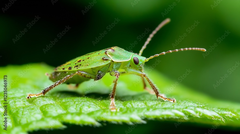 Poster Macro view of a vibrant green grasshopper perched on a leaf in a lush natural setting : Generative AI