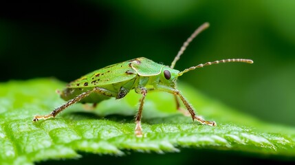Fototapeta premium Macro view of a vibrant green grasshopper perched on a leaf in a lush natural setting : Generative AI