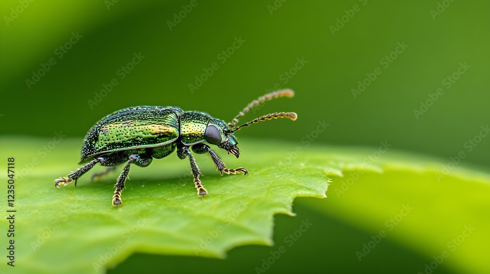 Poster green beetle on leaf with shimmering exoskeleton captured in nature : generative ai