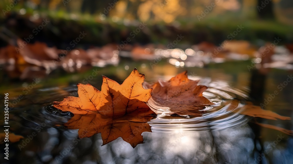 Aufkleber Serene Autumn Leaves Floating on Rippling Water in a Tranquil Forest Setting : Generative AI