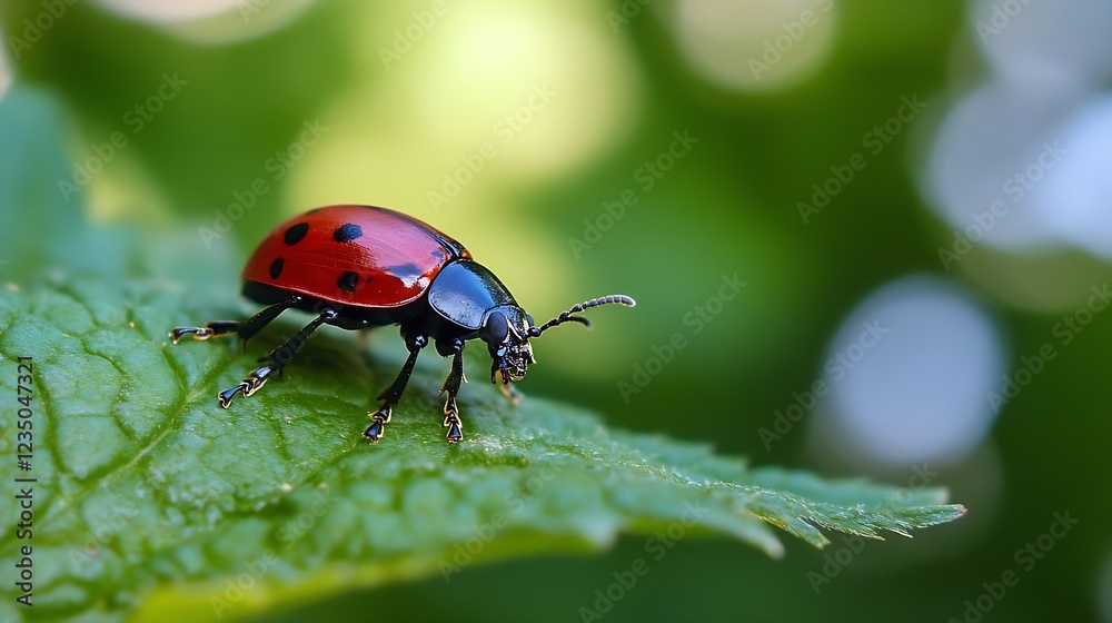 Aufkleber Ladybug on Leaf in Natural Greenery with Soft Defocused Background : Generative AI