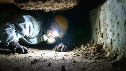 A person equipped with safety gear and a bright headlamp navigates a dark, confined area beneath a structure. Dust and debris are visible as they search for hidden details