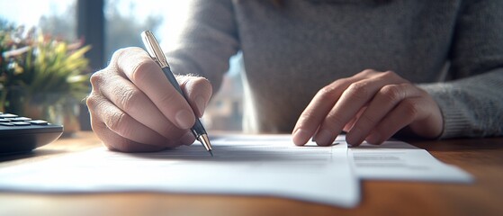 Person filling out paperwork at desk, near window. Work, office, finance, paperwork, document.