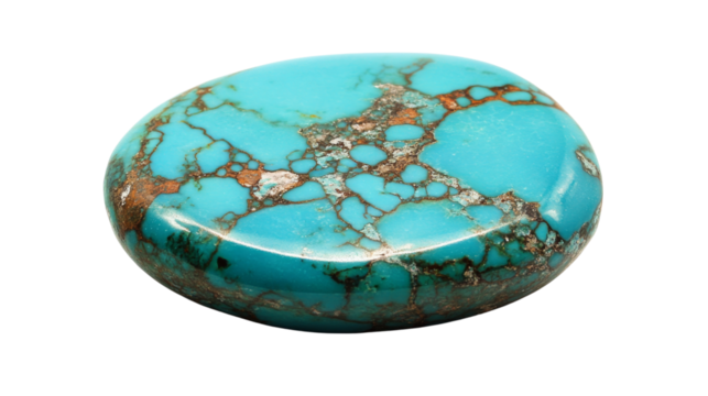 Polished turquoise gemstone showing unique veins and transparent background