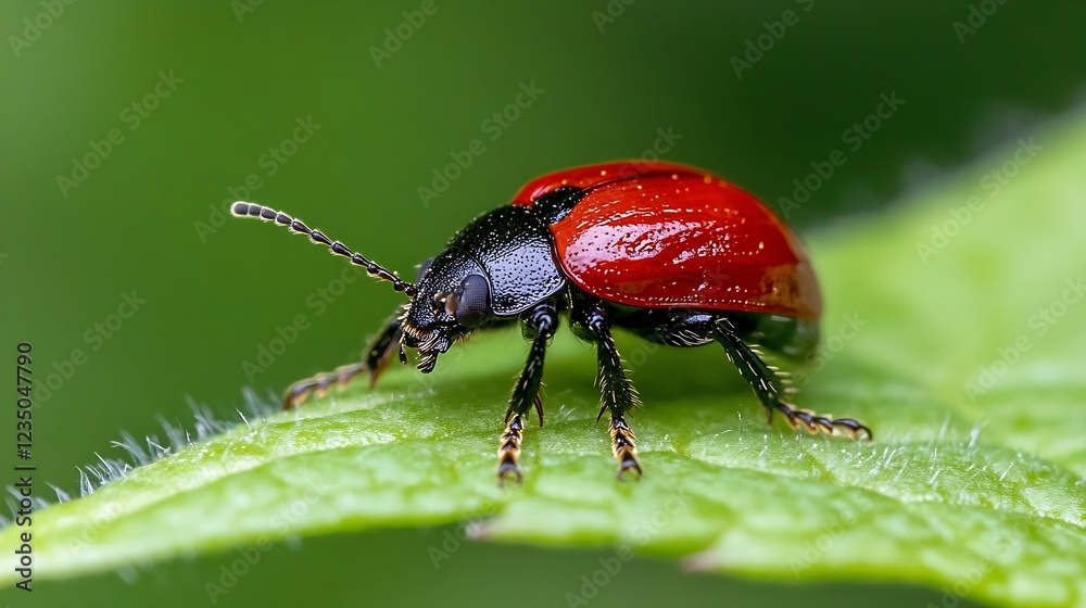 Aufkleber macro photography of red leaf beetle on green leaf with vibrant detail and soft focus background : g