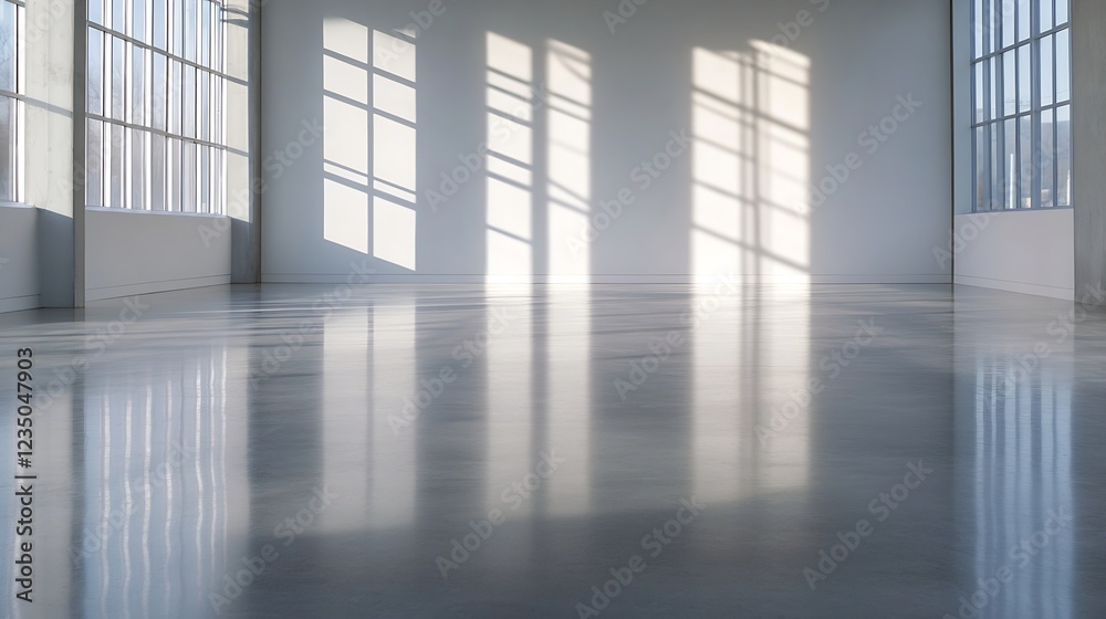 Aufkleber Sunlit Empty Industrial Space with Large Windows and Clean Airy Ambiance : Generative AI
