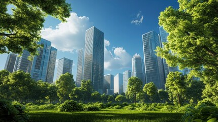 Obraz premium A city with tall buildings and a park in the middle