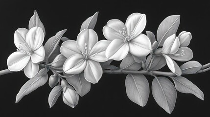 Fototapeta premium Monochrome apple blossoms branch, dark background, botanical illustration, design element