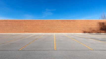 Obraz premium Expansive Cement Parking Lot Next To Long Red Brick Wall Under Clear Blue Sky : Generative AI
