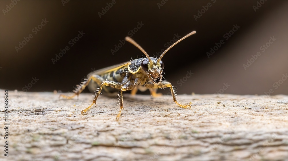 Poster detailed shot of a yellow and black wasp on tree branch in natural habitat : generative ai