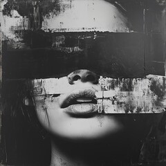 Monochrome portrait of a woman obscured by thick brushstrokes, creating a mysterious and artistic representation of the subject.