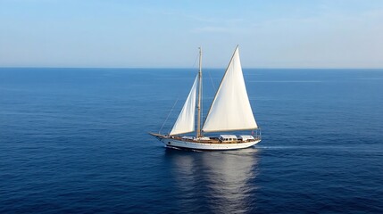 Majestic Sailboat Navigating Expansive Blue Ocean Under Clear Skies : Generative AI