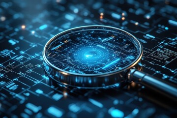 A magnifying glass over a digital circuit background, symbolizing technology analysis.