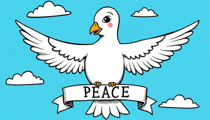 Obraz premium Illustrated peace dove with vibrant colors and a banner, symbolizing peace and love, copy space