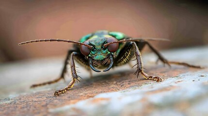 Naklejka premium Macro Shot of Vibrant Tiger Beetle with Intense Colors and Long Antennae : Generative AI