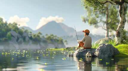 A man fishing by a tranquil lake. animated character, C4D model rendering, cheerful smile, 3D rendering