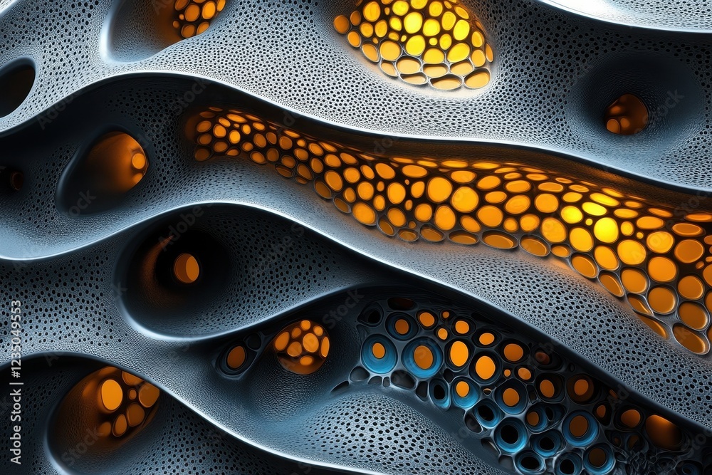 Fototapete abstract organic structure with glowing elements and textured surfaces.