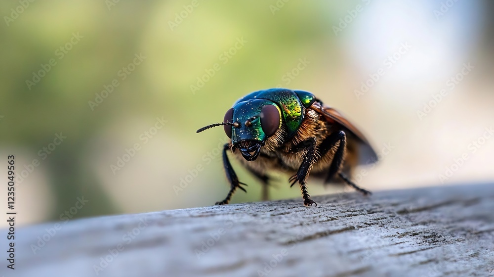 Poster closeup of colorful fly on wood with blurred nature background : generative ai