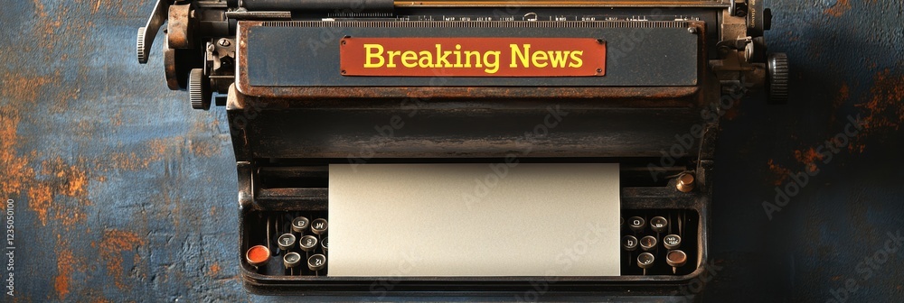 Aufkleber vintage typewriter with blank paper and bold breaking news heading from the early 20th century in a 