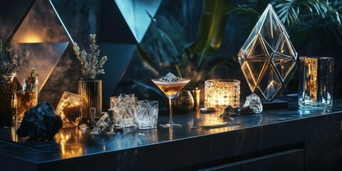 Elegant cocktail setup with decorative elements, perfect for upscale events, bars, or lifestyle promotions.
