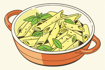 Pasta dish, penne pasta, basil pesto sauce, fresh basil leaves, white ceramic bowl, orange base, food photography, closeup, vibrant colors, appetizing, Italian cuisine, creamy texture, glossy noodles,