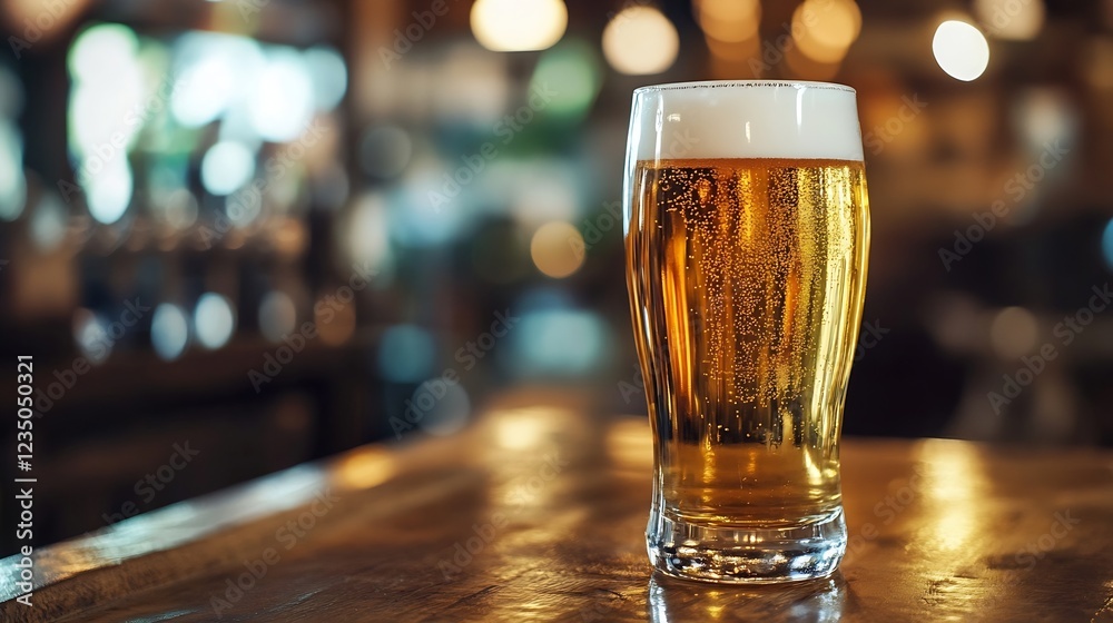 Poster refreshing cold beer served in a glass on wooden bar counter in dim ambient lighting : generative ai
