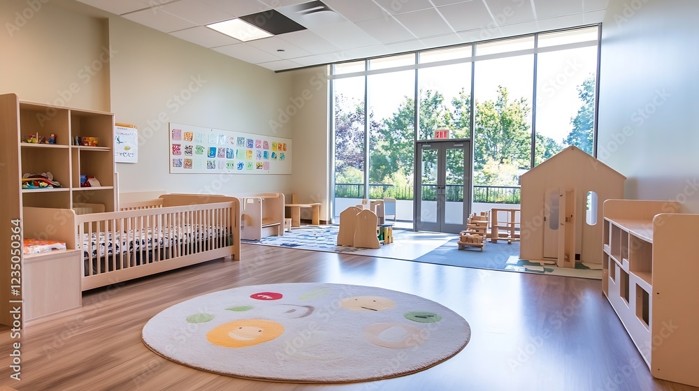 Poster bright and modern preschool classroom interior with large window and play areas : generative ai
