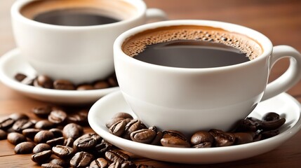 Two White Ceramic Cups Filled with Freshly Brewed Coffee on Wooden Table : Generative AI