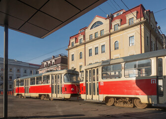Tram stop on Kontraktova square in Kyiv