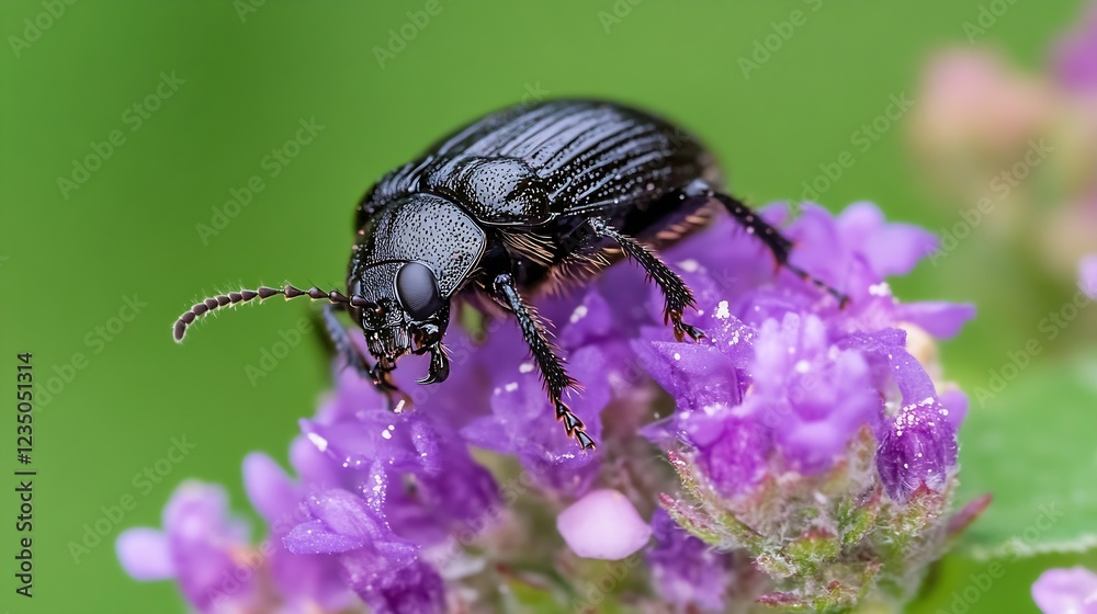Poster close up of black beetle on purple flower in nature setting : generative ai