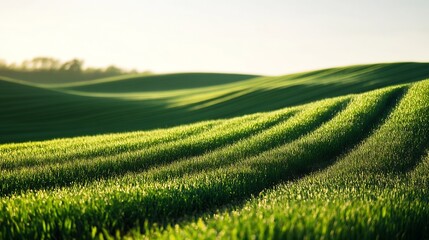 Lush Green Rolling Hills under Bright Clear Sky at Sunrise : Generative AI