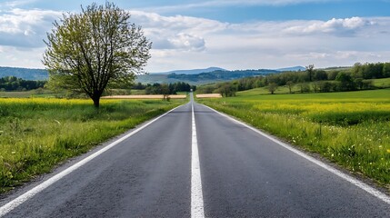 Fototapeta premium Empty rural road surrounded by green fields and blue sky : Generative AI