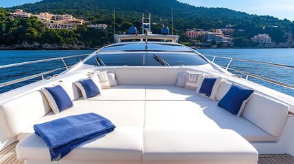 Comfortable Lounging Area on Luxury Yacht with Coastal Backdrop : Generative AI