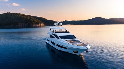 Fototapeta premium Luxury Yacht Sailing Serenity at Sunset with Scenic Island Backdrop : Generative AI