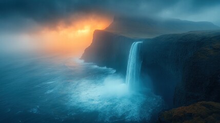 Naklejka premium Dramatic sunset waterfall cascading into ocean, coastal cliffs, foggy landscape; travel, nature