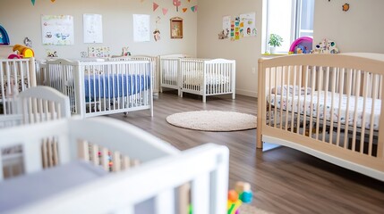 Bright and Welcoming Daycare Room with Multiple Cribs for Infants and Toddlers : Generative AI