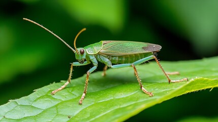 Green Katydid Posing Elegantly on a Leaf in Vibrant Green Foliage : Generative AI