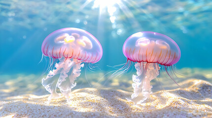 Obraz premium Two jellyfish on sandy ocean floor, sunlight
