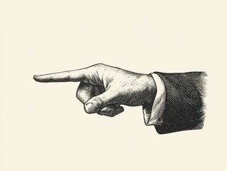 An illustration of a hand pointing to the left, with detailed shading. The hand is wearing a formal suit sleeve, set against a plain background.