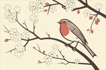 Vintage Japanese painting, red-breasted bird perched on cherry blossom branch, soft pink flowers, beige background, delicate brushstrokes, nature illustration, botanical art, tranquil atmosphere, spri