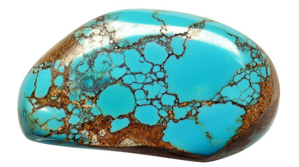 Polished turquoise gemstone showing unique veins and brown matrix on transparent background