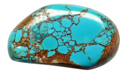 Polished turquoise gemstone showing unique veins and brown matrix on transparent background